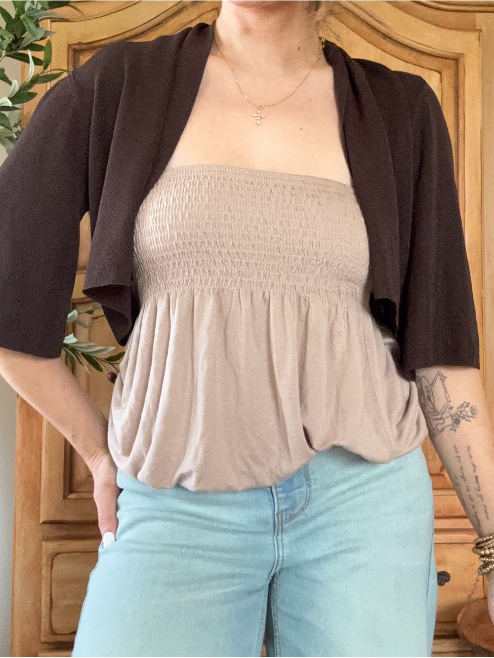 Ann Taylor Brown Cropped Open-Front Bolero Shrug